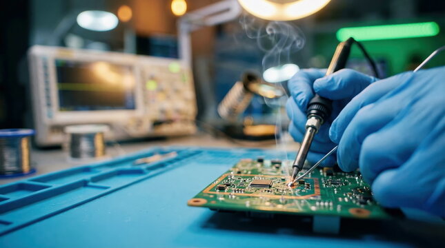 Close-up of a technician's gloved hands meticulously soldering a circuit board, symbolizing precision, innovation, and electronics repair.