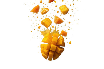 Obraz premium Mango fruit explosion creating fresh tropical juice splash with vibrant yellow diced pieces falling