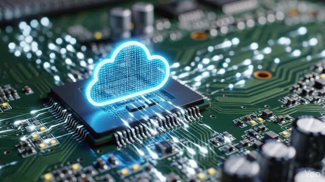 Glowing blue cloud icon illuminated on a futuristic computer chip microprocessor with motherboard circuit board background, representing scalable cloud computing network data storage technology.