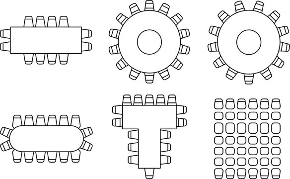 Top-down view of various table and seating arrangements for meetings and events