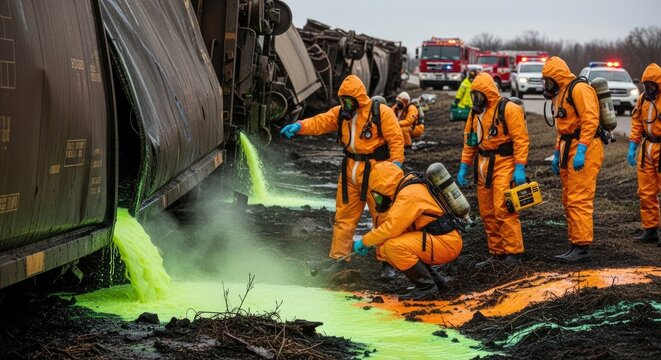 Emergency responders in protective suits assess a derailed train car leaking a bright green substance.