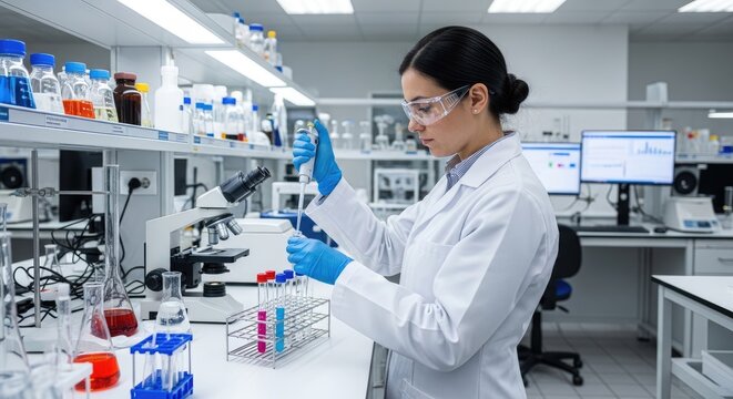 A female scientist wearing a white lab coat and safety glasses carefully examines a sample under a microscope. She is using a pipette to add a liquid to a test tube.