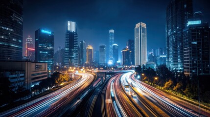 Fototapeta premium A bustling cityscape at night with a highway and skyscrapers illuminated by vibrant lights.