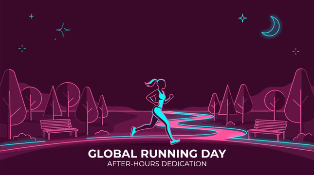 Solo female runner jogging on a winding park path at night, celebrating Global Running Day and after-hours dedication. Vibrant neon duotone vector illustration with dark background and copy space.