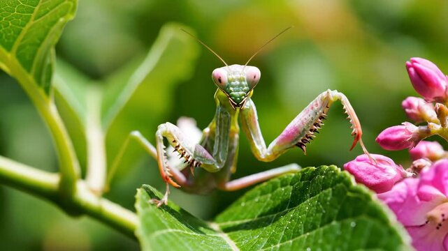 Curious praying mantis on green leaf, patient insect predator in vibrant nature. Beautiful macro details of this tiny hunter near pink flower