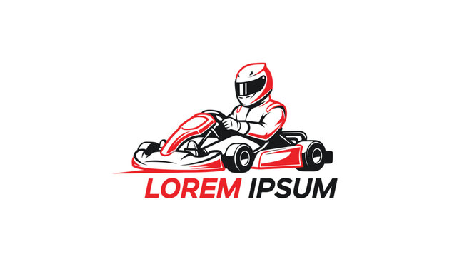 Kart racer in helmet driving a go-kart with the words Lorem Ipsum below.