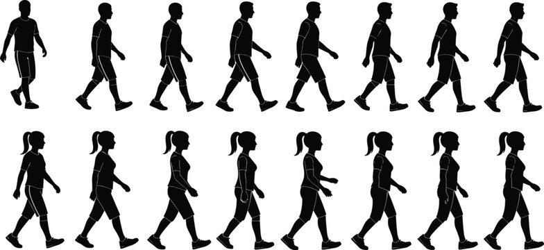 Silhouettes of a man and woman walking in sequence showing motion on a transparent background.