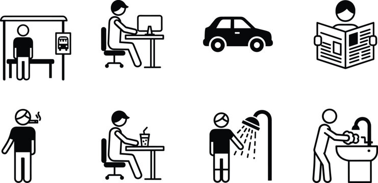 Everyday life situations showing bus stop working at computer driving car and reading newspaper.