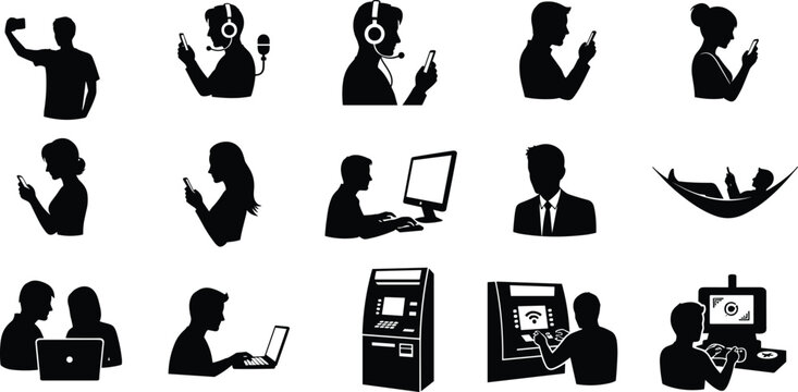 Set of black silhouettes of people using modern technology devices and engaged in daily activities.