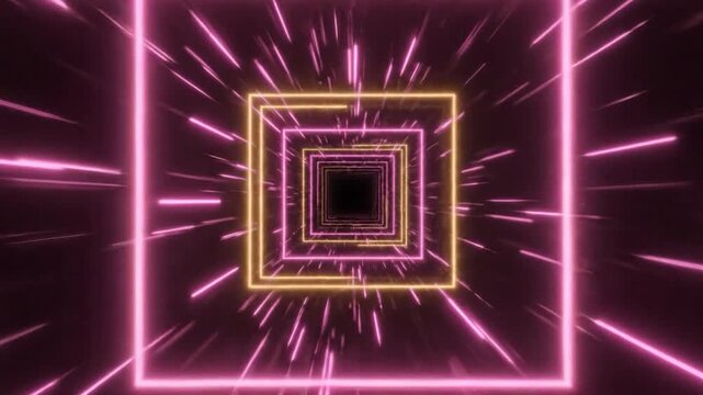 Abstract glowing neon squares receding into a dark tunnel with light streaks creating a sense of speed and motion