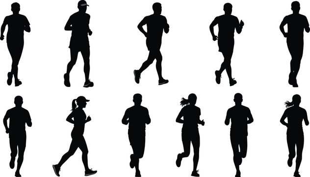 Multiple silhouettes of men and women running, diverse group in motion, sport activity vector art.