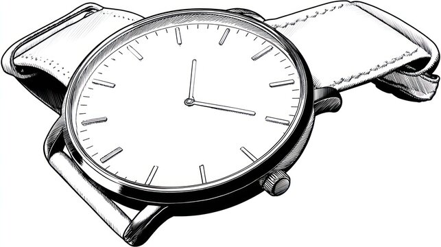 Black and white illustration of a wristwatch with a minimalist design and a leather strap