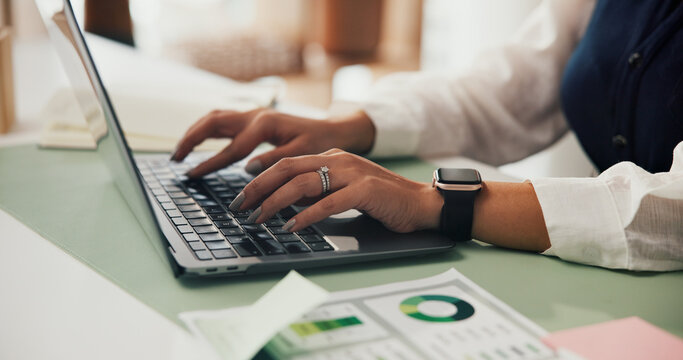 Hands, woman and typing on laptop in office for income report, market research and client email. Graphs, financial analyst and tech at desk for budget forecasting, investment proposal and feedback