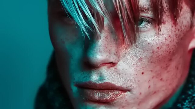 Expressive male visage illuminated with contrasting hues, displaying strong features in a striking close-up portrait style