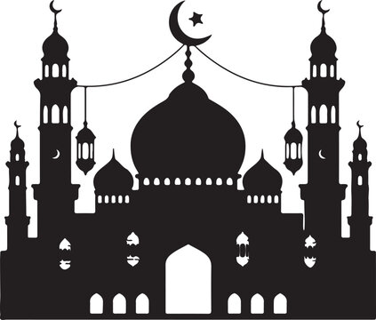 Islamic Mosque Black Silhouette Vector Ramadan Crescent Lantern Design