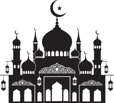 Islamic Mosque Black Silhouette Vector Ramadan Crescent Lantern Design