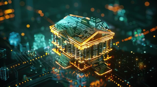 Digital rendering of a classical building with circuits and glowing lines, futuristic concept
