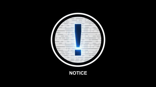 Digital warning symbol alert displaying notice text on a binary code background, ideal for cybersecurity, IT alerts, data breach notifications, and tech-related marketing materials.