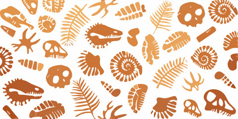 A repeating pattern of orange dinosaur fossils and prehistoric plant life © Ranajit