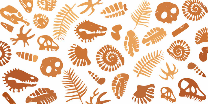 A repeating pattern of orange dinosaur fossils and prehistoric plant life