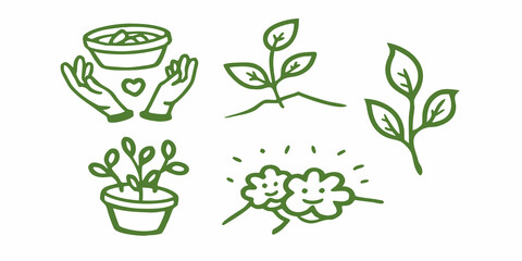 Hand drawn green plants hands and a basket representing growth © Ranajit