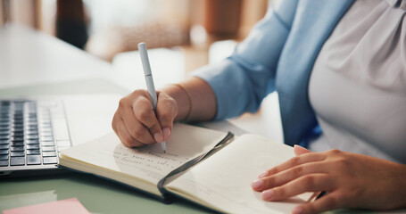Fototapeta premium Woman, hands and writing with book for business schedule, project deadline or reminder in office. Female person, employee or taking notes with notebook or diary for planning or ideas in workplace