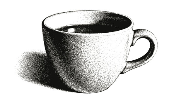Cup of coffee halftone collage. Tea or coffee cup pencil drawing, halftone photocopy collage. Grunge tea mug, food cutout vintage art. Retro breakfast, Italian brunch sketch. Transparent PNG version.