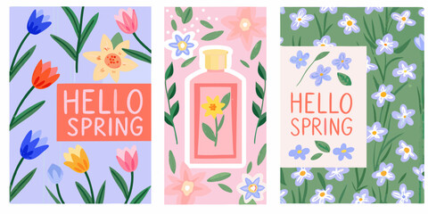 Floral spring banners with perfume bottle and greeting message © Ranajit