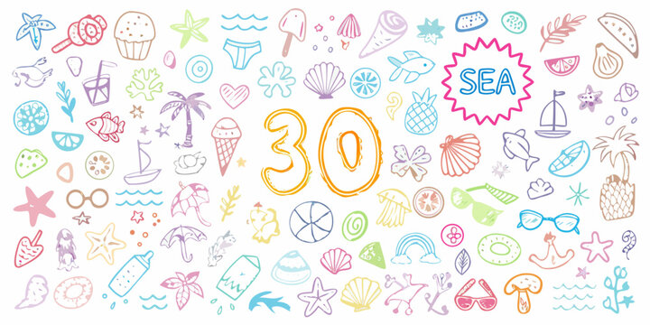 Colorful doodles of summer icons beach items and a prominent number 30