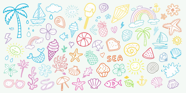 Colorful doodle illustrations of summer themed icons and elements