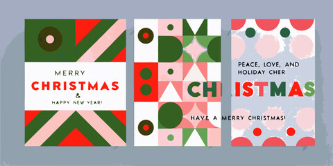 Three festive christmas cards with geometric patterns and holiday greetings © Ranajit
