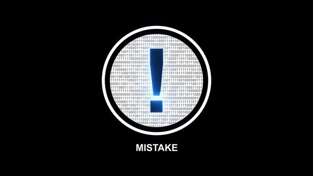 Digital warning symbol alert displaying mistake text on a binary code background, ideal for cybersecurity, IT alerts, data breach notifications, and tech-related marketing materials.