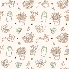 Cottagecore hand-drawn seamless vector pattern with birdhouses, teapots, cups, flower baskets, watering cans, and milk jugs. Minimal rustic design for prints, cards, and crafts © Irina Khovanskaya