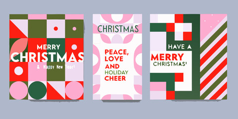 Three colorful geometric christmas card designs with festive greetings © Ranajit