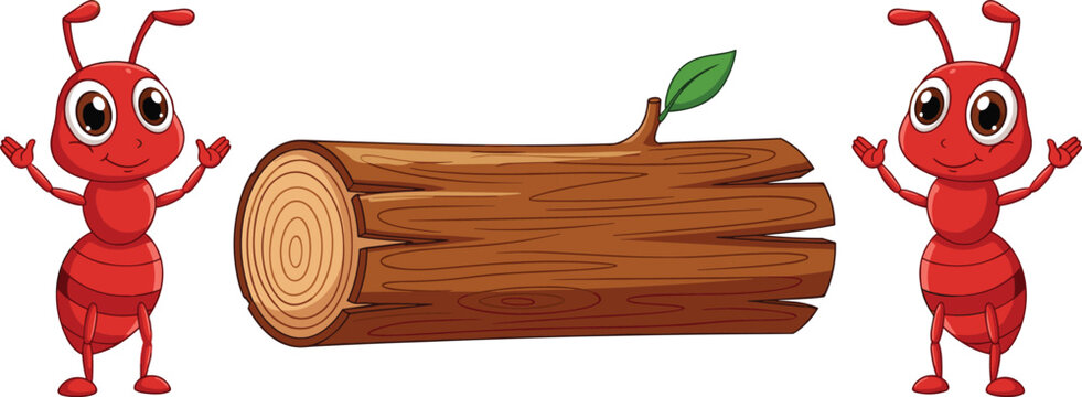 Two cute red ant cartoon characters standing beside a large wooden log, nature and insect illustration for children educational materials.