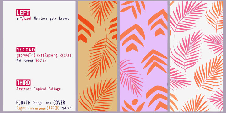 Stylized tropical monstera leaves and geometric orange pink pattern designs