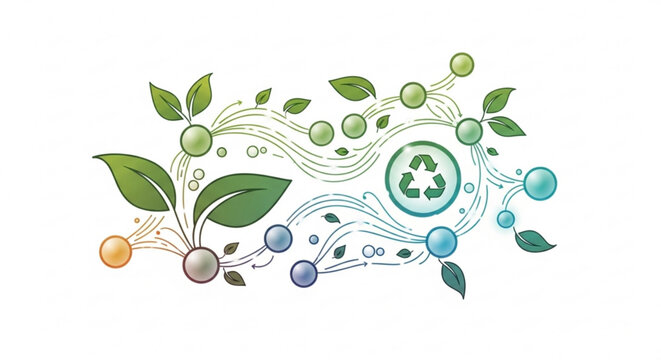 Vibrant abstract illustration symbolizing eco friendly sustainability renewable energy and organic growth with interconnected colorful spheres swirling lines fresh green