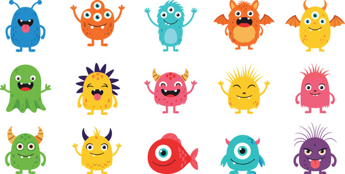 Set of fifteen cute colorful monster cartoon characters, funny alien creatures with various expressions, adorable mascot illustrations for kids design.