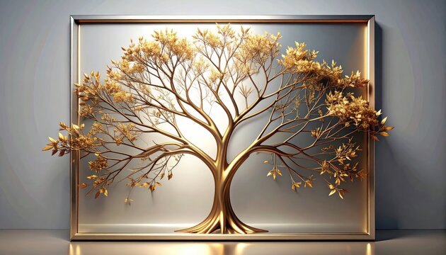 Metallic golden tree sculpture encased in a silver rectangular frame