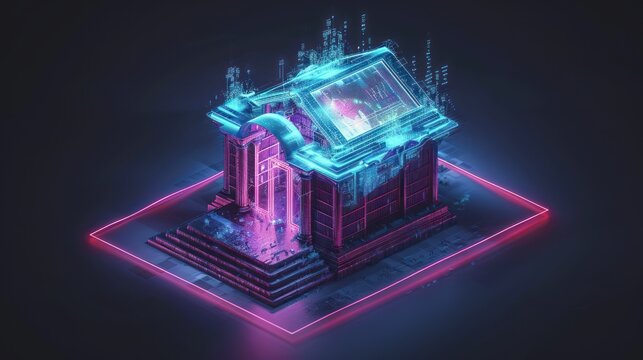 Glowing digital courthouse illuminated in pink and teal. Binary code cascades from the roof