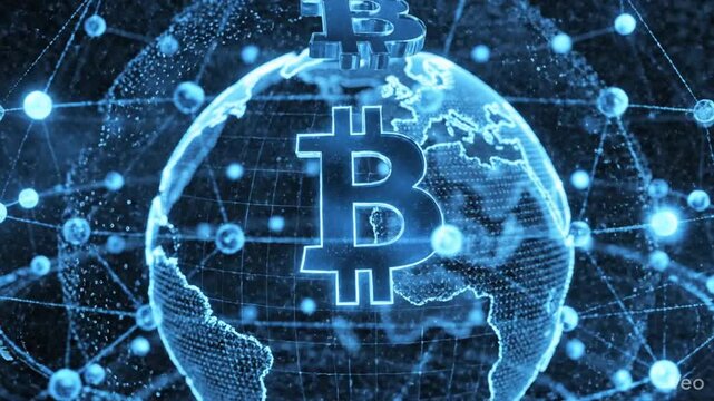 Glowing Bitcoin logo on blue wireframe globe sphere with geometric lines, atmosphere, and connected network nodes representing global digital finance, cryptocurrency, and communication technology.