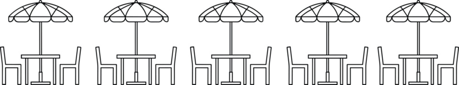 Outdoor, cafe, table, with, umbrella, and, chairs, line, art, icon, set, for, restaurant, patio, terrace, furniture, garden, summer, dining, vector.