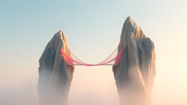 Dramatic Twin Mountain Peaks Connected by Vibrant Red Silk Ribbon in Misty Sky