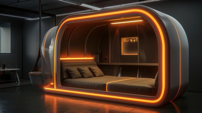 Futuristic pod with an orange glow, bed, interior, desk, and modern design
