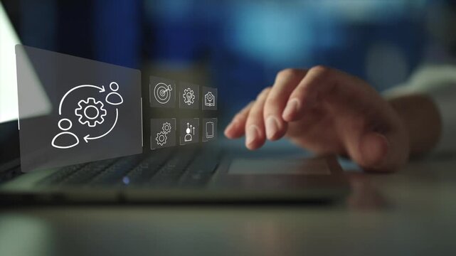 Change management  concept with professional presenting digital team interface, leadership alignment and workforce transition planning organizational transformation process, 