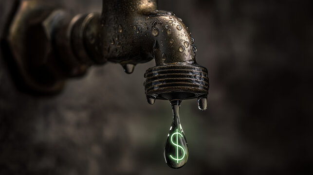 A dripping old faucet with a dollar sign symbol in the water droplet represents wasting money through inefficiency or leakages