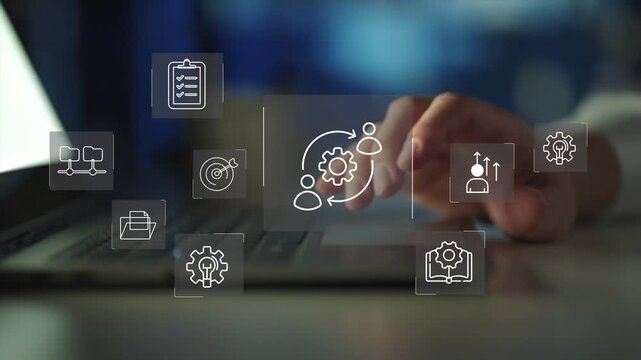 Change management  concept with professional presenting digital team interface, leadership alignment and workforce transition planning organizational transformation process, 