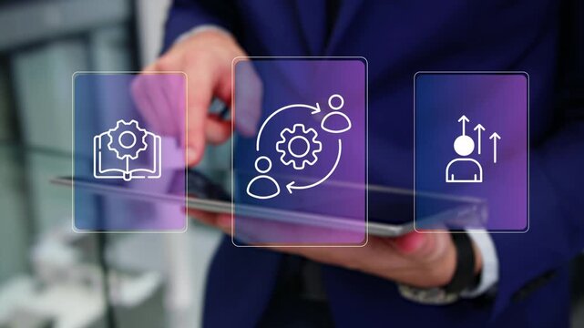 Change management  concept with professional presenting digital team interface, leadership alignment and workforce transition planning organizational transformation process, 