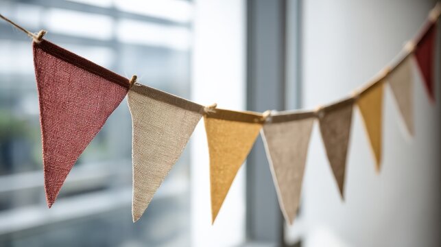 Colorful fabric bunting hanging indoors with natural light and modern background