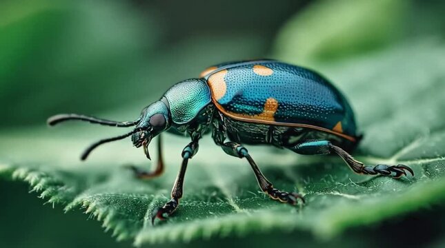 Macro Beetle on Green Leaf in Natural Forest Scene
